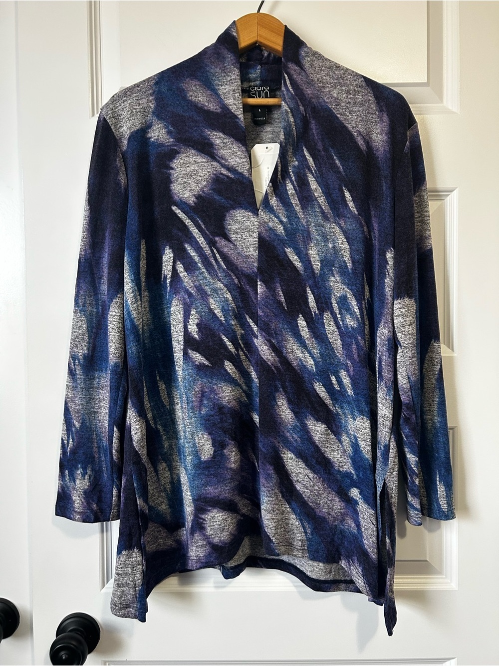 Clara Sun Woo NWT Tunic Top L Blue Purple Abstract Draped Asymmetrical Travel
